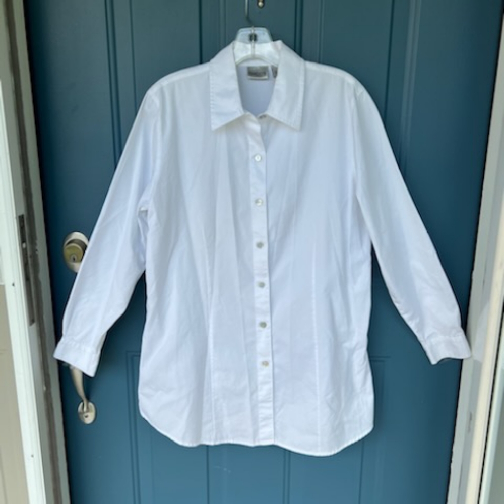 CHICOS WHITE BUTTON COASTAL GRANNY LONG SHIRT SIZE 1